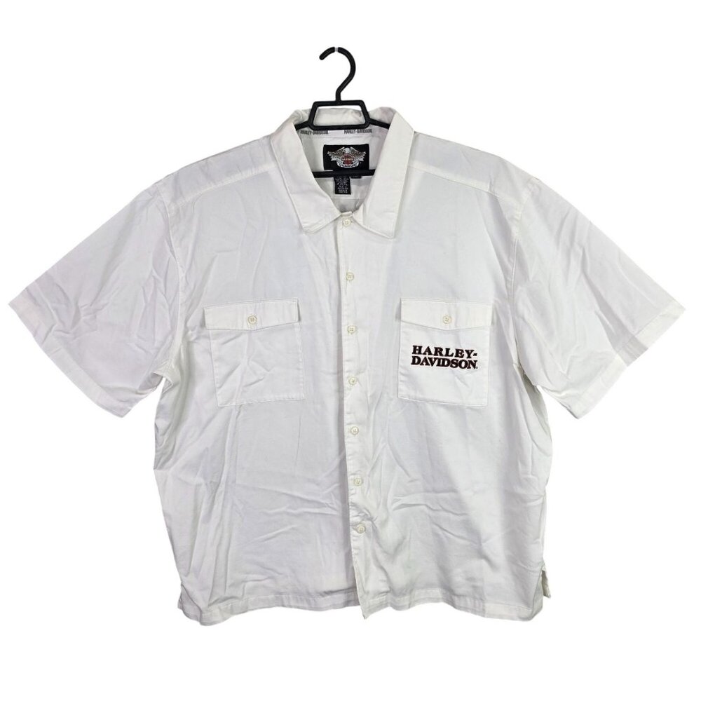 Mens Harley-Davidson White Button-Up Shirt Short Sleeve Cotton Blend Size 3XL